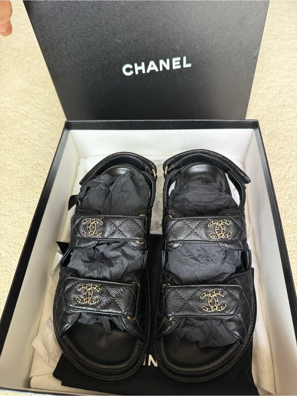 CHANEL Black Quilted Leather Velcro Strap Sandals with Gold CC Logos